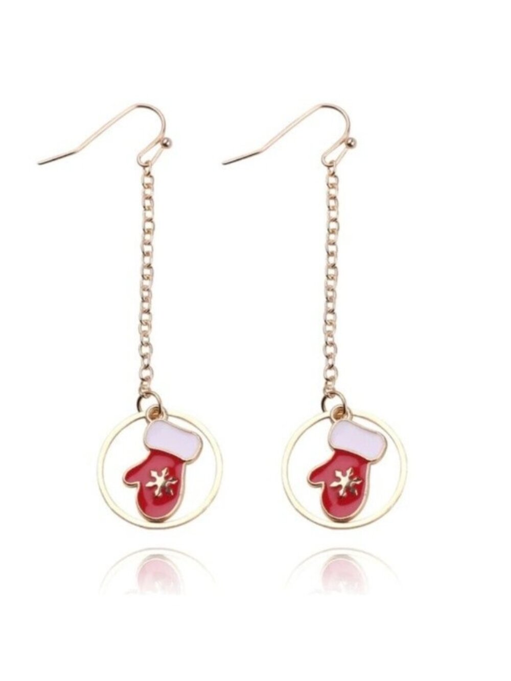 Winter Mittens Christmas Red Gold Drop Chain Earrings